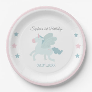 Plato De Papel Cumpleaños Unicornio Rosado Azul Gracias