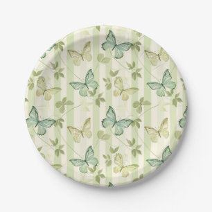 Plato De Papel Cumpleaños Verde Mariposa y Rayas