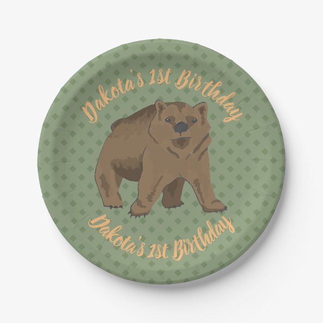 Plato De Papel Cumpleaños Woodland Brown Bear Cub (Anverso)