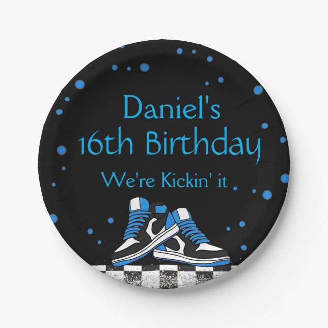 Plato De Papel Cumpleaños Zapatilla Neon Azul, Brillo  (Anverso)