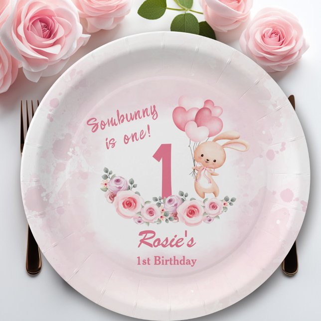 Plato De Papel Cunte Bunny Pink Primer Chica de cumpleaños Primav (Cute Bunny Pink 1st Birthday Girl Floral Spring Paper Plates)