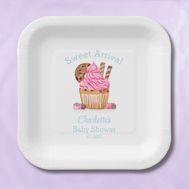 Plato De Papel Cupcake de Acuarela Rosa con Baby Shower de Chocol (Subido por el creador)