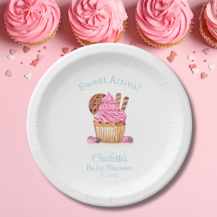 Plato De Papel Cupcake de Acuarela Rosa con Baby Shower de Chocol