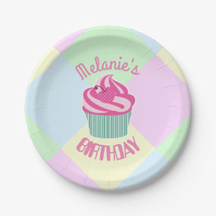 Plato De Papel Cupcake de cumpleaños rosa personalizado