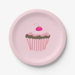 Plato De Papel Cupcake rosa con una cereza encima