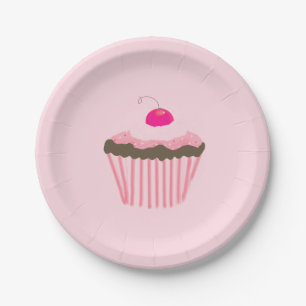 Plato De Papel Cupcake rosa con una cereza encima