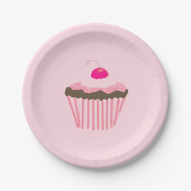 Plato De Papel Cupcake rosa con una cereza encima (Anverso)