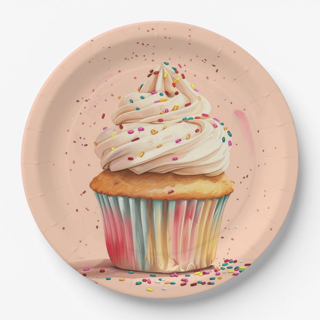 Plato De Papel Cupcake Sprinkles Papel de cumpleaños Placa (Anverso)