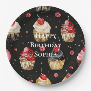 Plato De Papel Cupcakes Cumpleaños Glam Negros Rojos Dorados