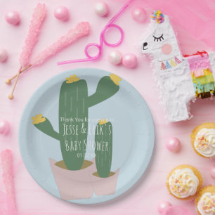 Plato De Papel Cupcakes de Cactus Agradecimiento Baby Shower Azul