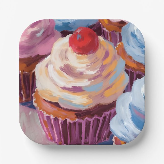 Plato De Papel Cupcakes de Cereza Feliz Cumpleaños Fiesta (Anverso)