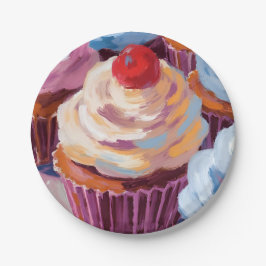 Plato De Papel Cupcakes de Cereza Feliz Cumpleaños Fiesta