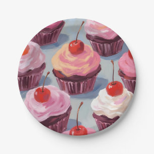 Plato De Papel Cupcakes de Cereza Glaseados Celebración de Cump