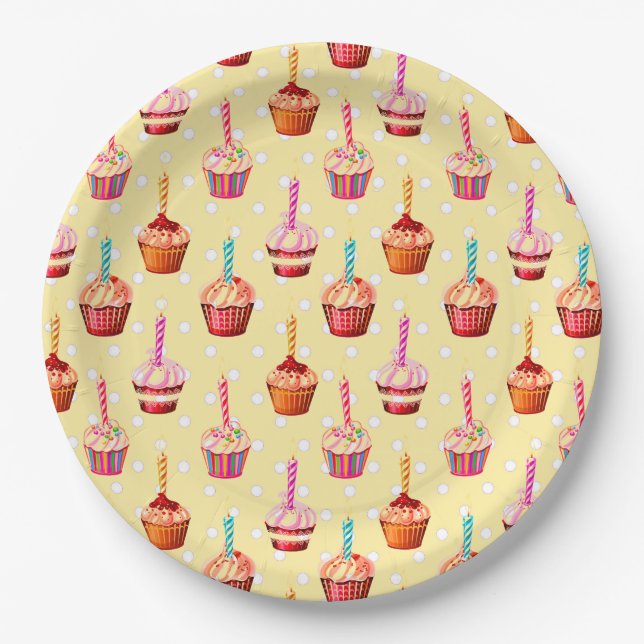 Plato De Papel Cupcakes de cumpleaños y lunares (Anverso)