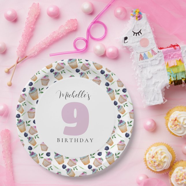 Plato De Papel Cupcakes Y Frutas Acuarela Monogramada (Fiesta)