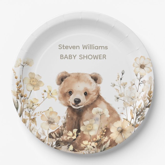 Plato De Papel Curado oso acuarela niño bebé invitación a ducha (Anverso)