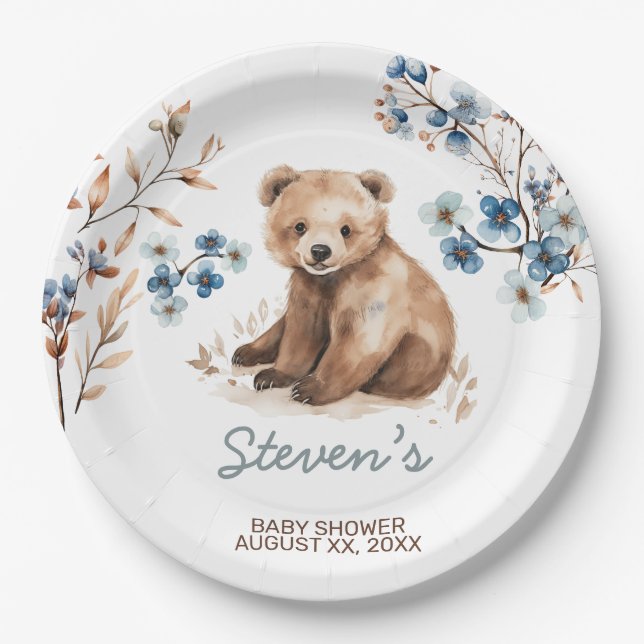 Plato De Papel Curado oso acuarela niño bebé invitación a ducha (Anverso)