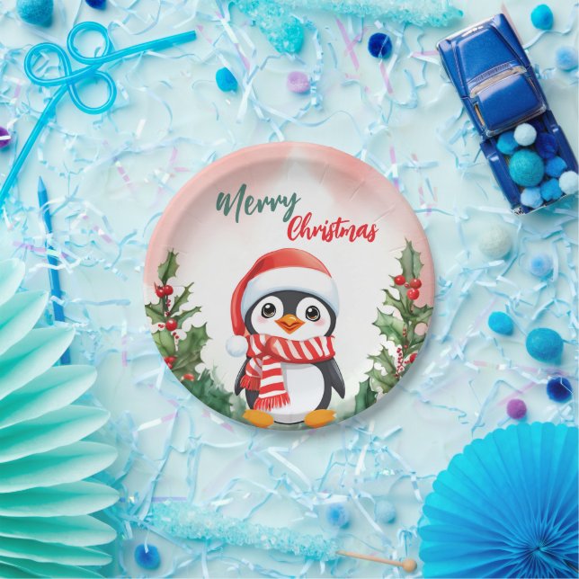 Plato De Papel Curioso Feliz Navidad Wreath Cute pingüino mar (Fiesta)