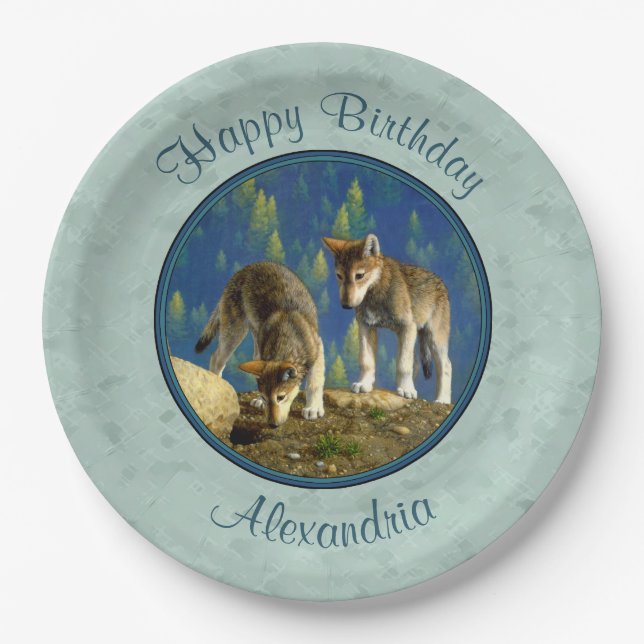 Plato De Papel Curiosos Gris Gray Wolf Pups (Anverso)