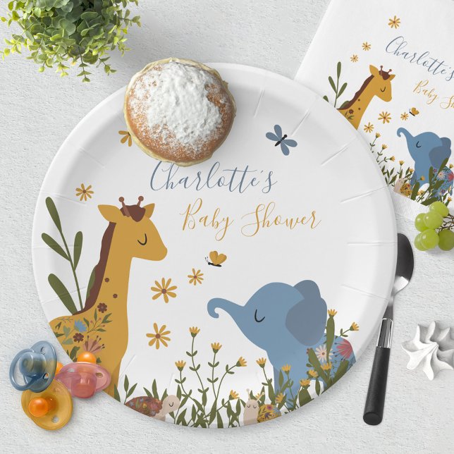 Plato De Papel Curte Baby Animals Floral Baby Shower Round (Wild Giraffe Elephant Snail Turtle Baby Shower Paper Plates ©Susanne Sachers - Sunny Mind Design 🌞)