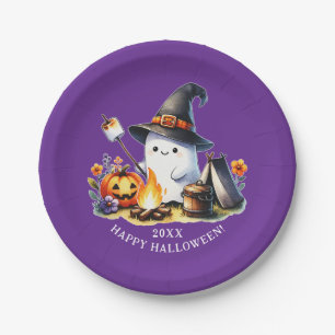Plato De Papel Curte Ghost Camping Happy Halloween Purple