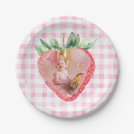 Plato De Papel Curte Strawberry Berry Photo Pink Gingham Brithday