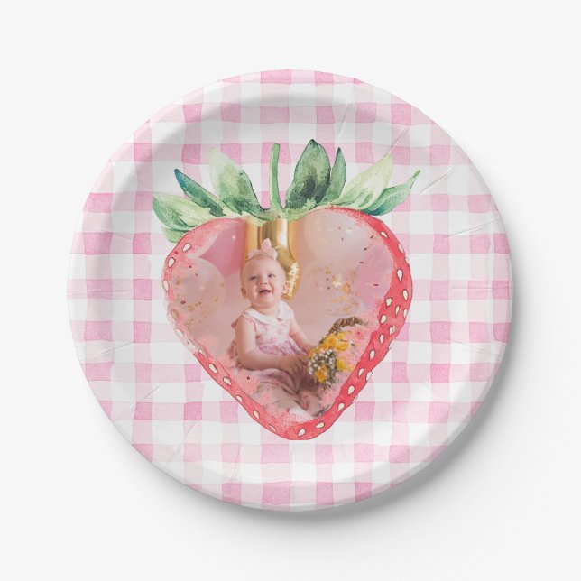 Plato De Papel Curte Strawberry Berry Photo Pink Gingham Brithday (Anverso)