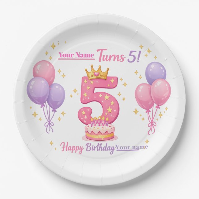Plato De Papel Custom Birthday Plates for Kids - 5th Birthday (Anverso)