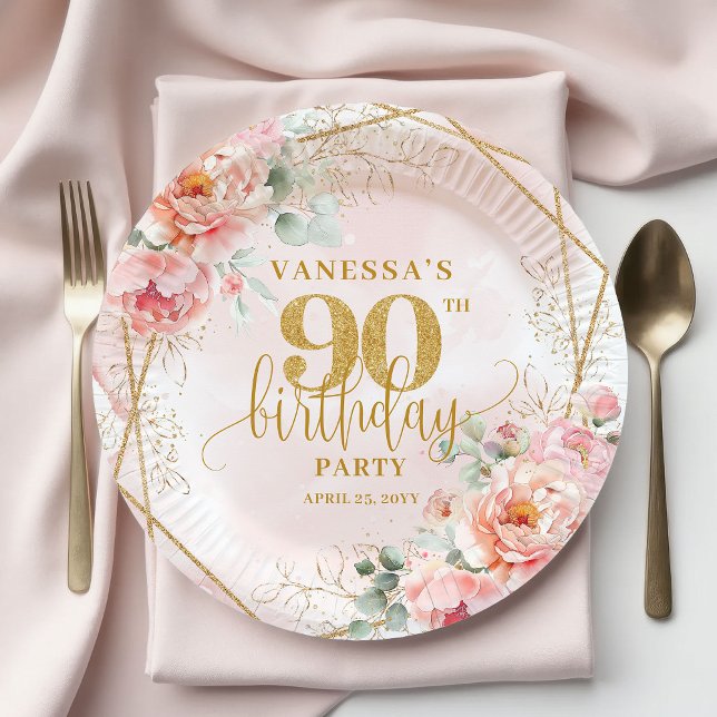 Plato De Papel Custom Blush Floral Gold Glitter 90th Birthday  (Custom Blush Floral Gold Glitter 90th Birthday Plates)