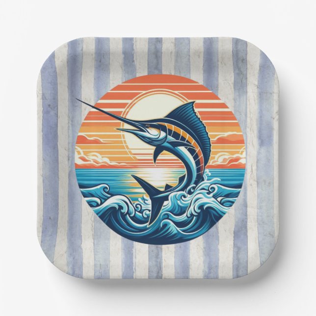 Plato De Papel Custom Coastal/nautical/beach marlin sunset (Anverso)