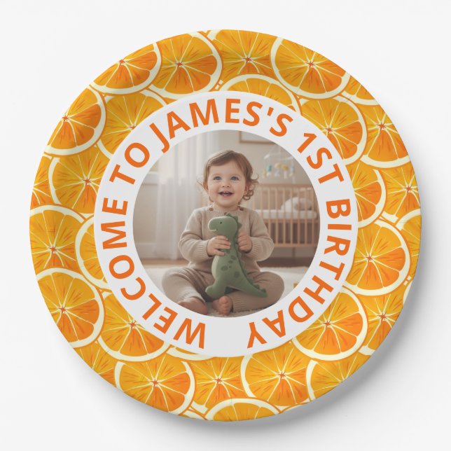 Plato De Papel Custom First Birthday Paper Plates with Photo (Anverso)