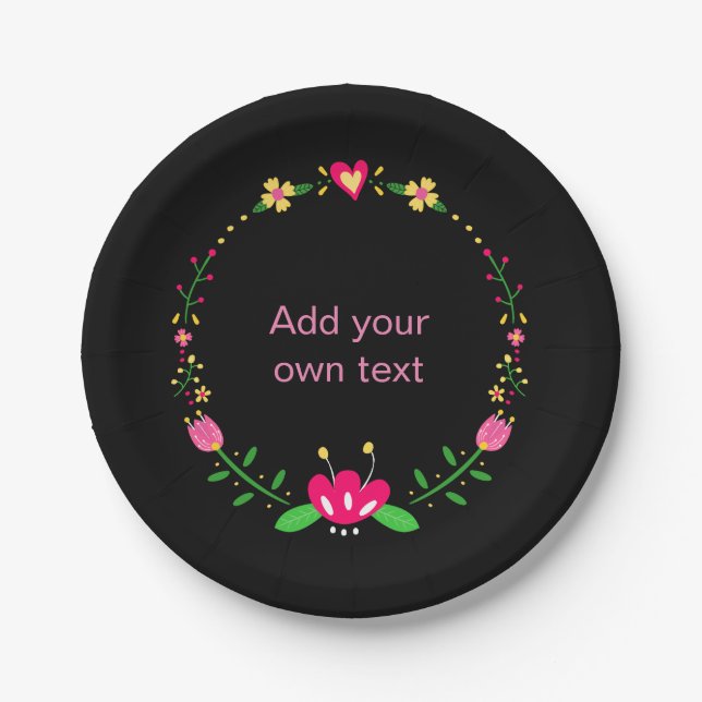 Plato De Papel Custom Floral Wreath on Black (Anverso)