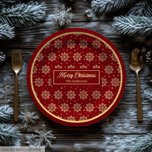 Plato De Papel Custom Holiday Paper Plates Red Gold Monogram (Custom Holiday Paper Plates Red Gold Monogram)