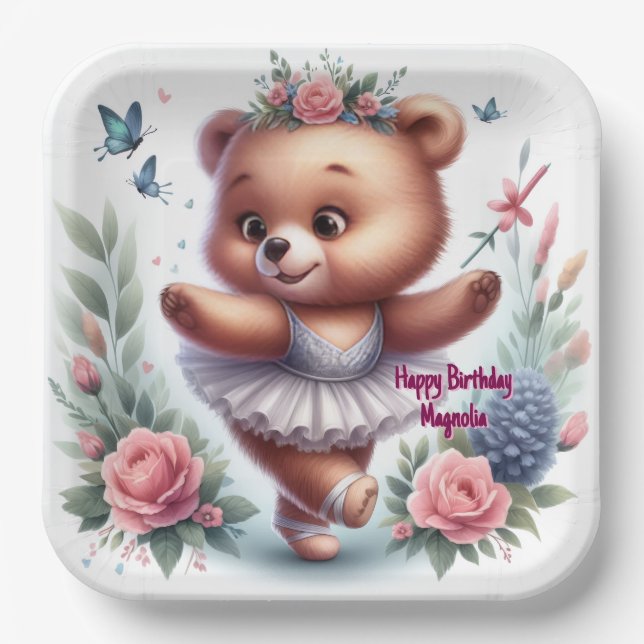 Plato De Papel Custom Little Ballerina Bear Birthday Paper Plates (Anverso)