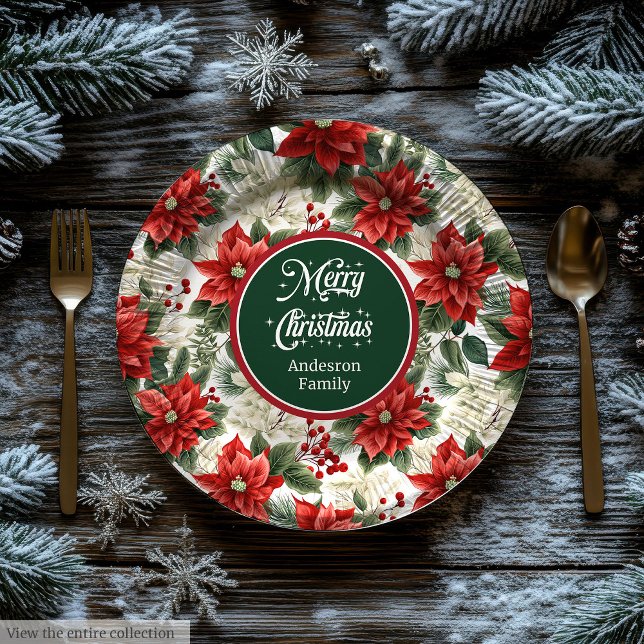 Plato De Papel Custom Name Red Poinsettia Christmas Party Plates  (Custom Name Red Poinsettia Christmas Party Plates )