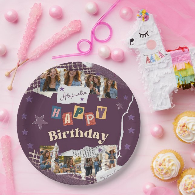 Plato De Papel Custom Purple Sweet 16 Photo Collage (Fiesta)