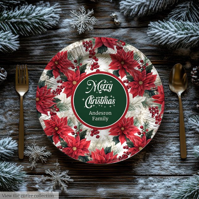 Plato De Papel Custom Red Poinsettia Chic Christmas Paper Plates  (Custom Red Poinsettia Chic Christmas Paper Plates )