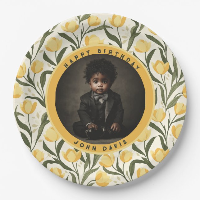 Plato De Papel Custom Tulip Flower Boho Birthday (Anverso)