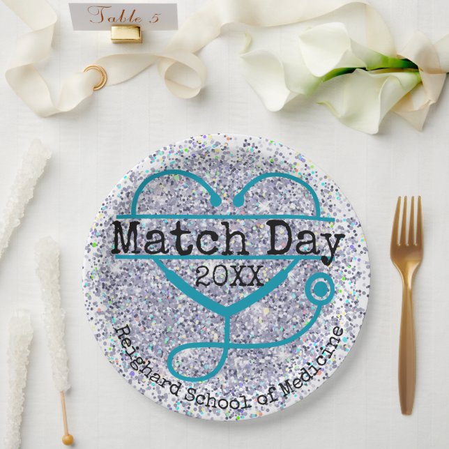 Plato De Papel Custom Year Match Day Blue Glitter Stethoscope (Boda)