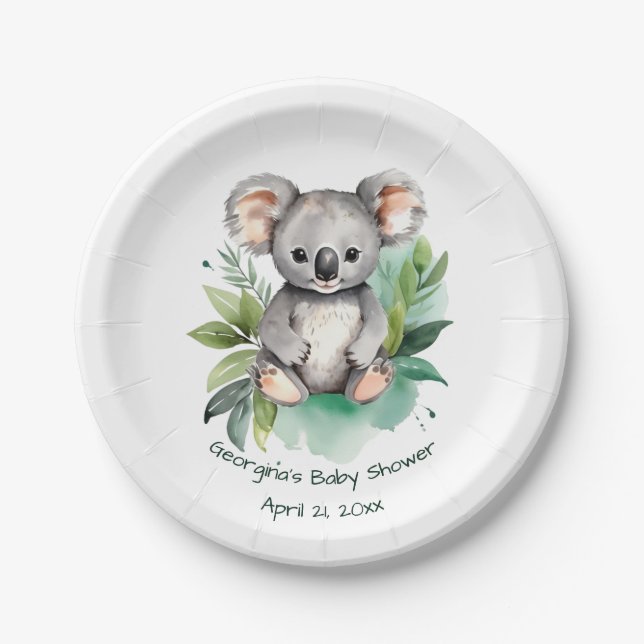 Plato De Papel Cuta acuarela Baby Koala Baby Shower (Anverso)