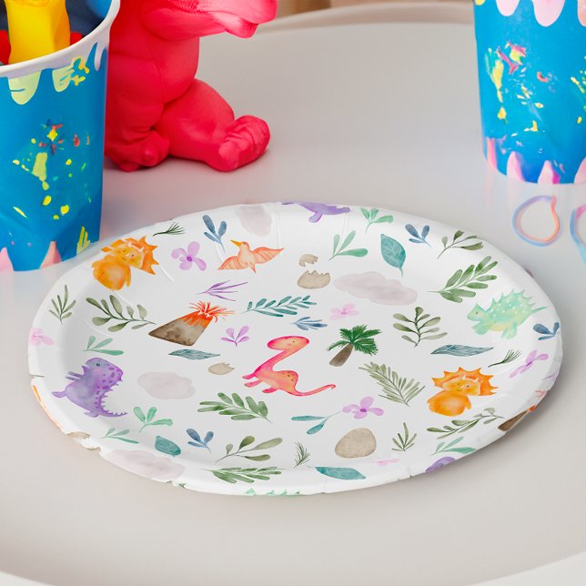 Plato De Papel Cuta acuarela dinosaurios vegetación ducha de bebé (Cute watercolor dinosaurs greenery baby shower paper plates)