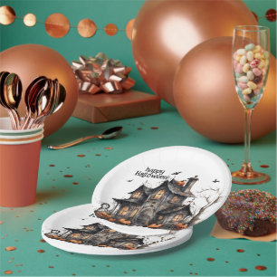Plato De Papel Cuta acuarela Haunted House Halloween