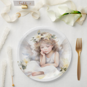 Plato De Papel Cuta acuarela Niña Ángel Religiosa