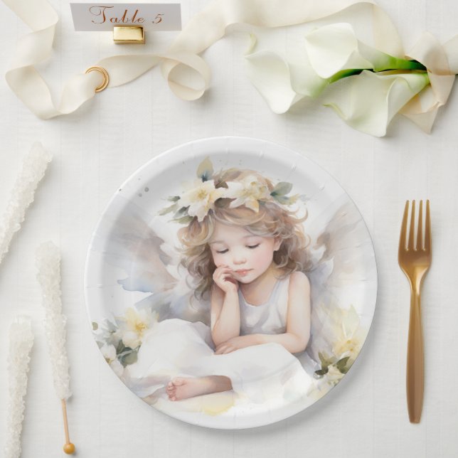 Plato De Papel Cuta acuarela Niña Ángel Religiosa (Boda)