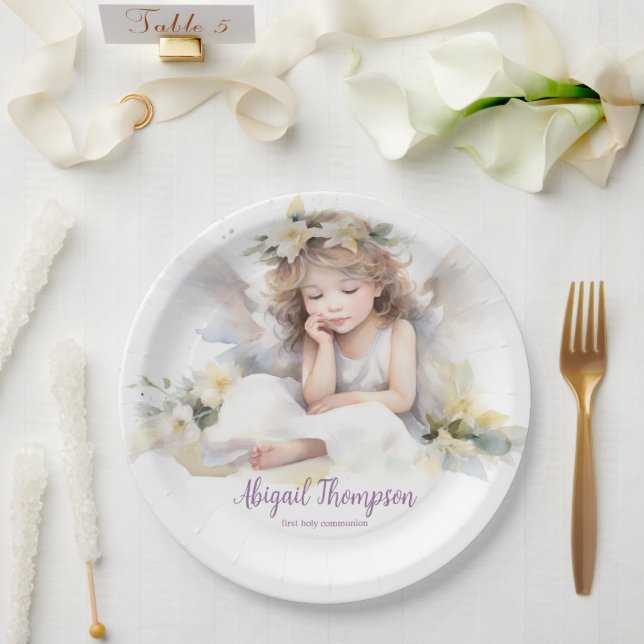 Plato De Papel Cuta acuarela Niña Ángel Religiosa (Boda)