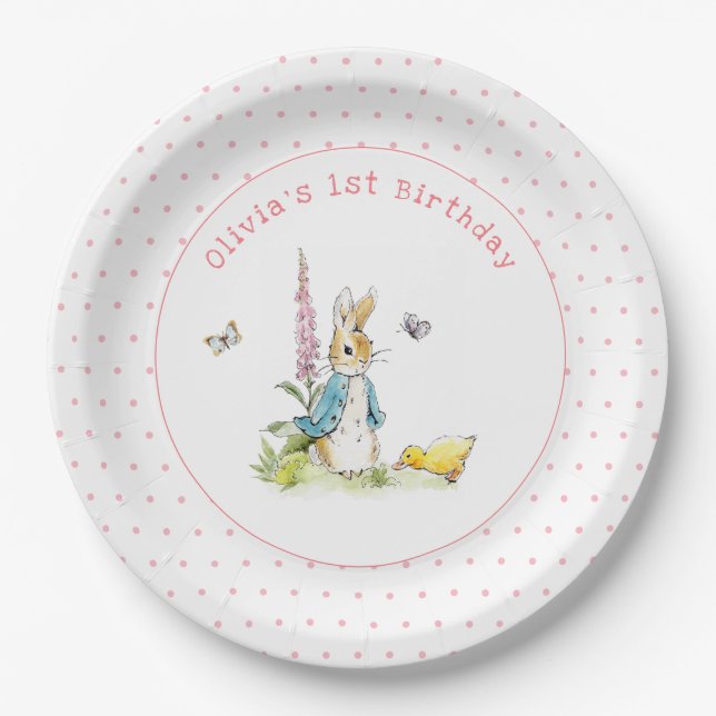 Plato De Papel Cuta acuarela Peter Rabbit 1er cumpleaños (Anverso)