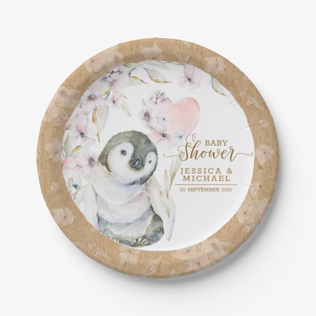 Plato De Papel Cuta acuarela Pingüino Género Baby Shower Neutral (Anverso)