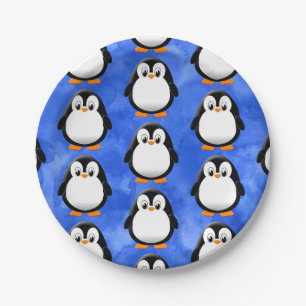 Plato De Papel Cuta pingüino Personalizado azul acuarela