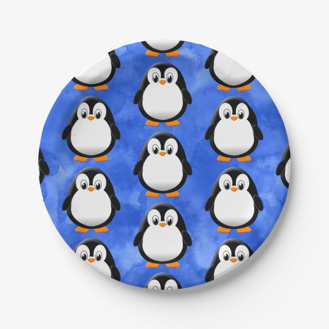 Plato De Papel Cuta pingüino Personalizado azul acuarela (Anverso)