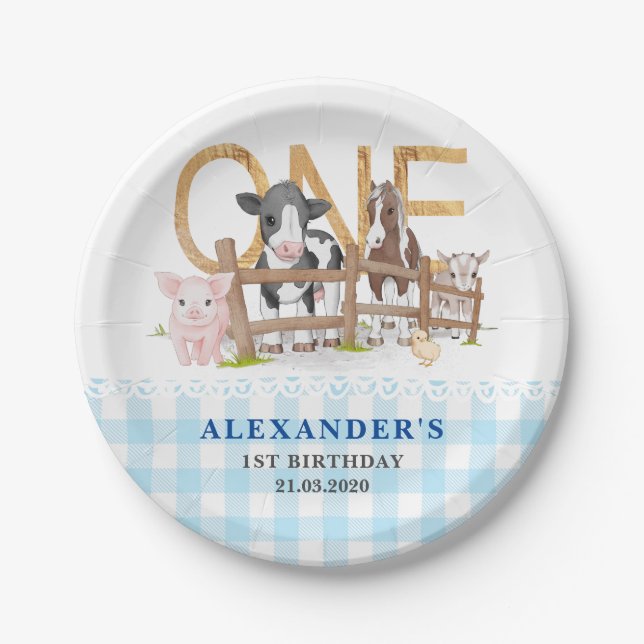 Plato De Papel Cute 1er cumpleaños Granja Animales Barnyard Kids  (Anverso)